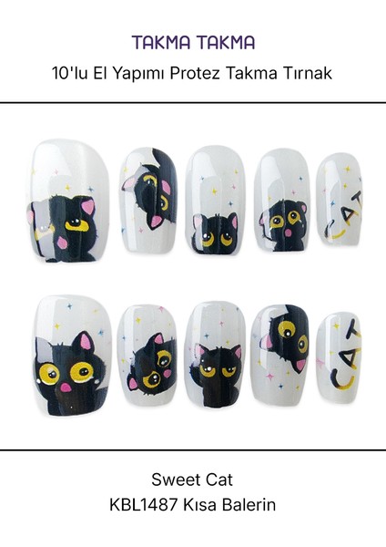 10'lu Siyah Kısa Balerin KBL1487 Tekrar Kullanılabilir El Yapımı Protez Takma Tırnak - Ten Rengi-Siyah-S