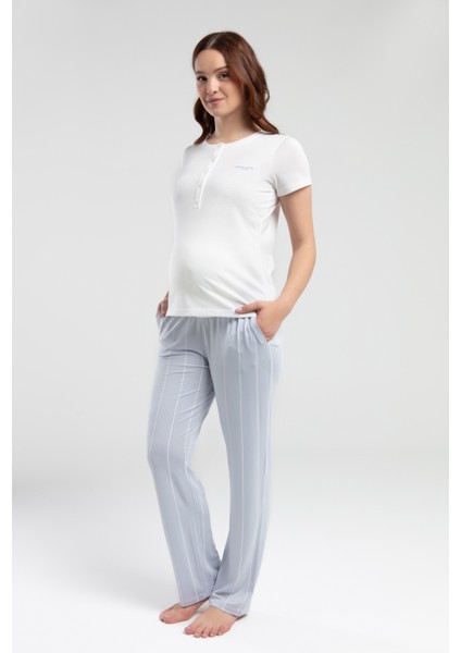 Kadın Lohusa Süprem Kumaş Kısa Kollu Yakası Düğmeli Ikili Pijama Takımı