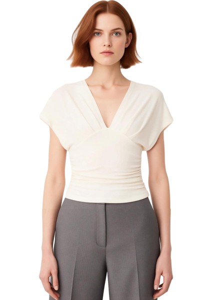 Kadın V Yaka Büzgülü Vücuda Oturan Örme Bluz Cool & Comfort Kaliteli Şık Rahat Modern Zarif fiyatları