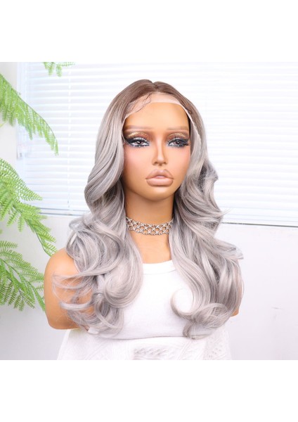 Açık Kumral Gri Ombreli Bebek Saçlı Fiber Sentetik Tül Peruk modelleri