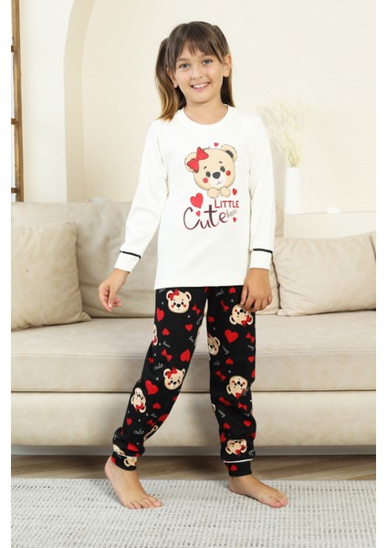 Kız Çocuk Ayıcık Baskılı %100 Pamuk Interlok Kumaş Pijama Takımı 12347