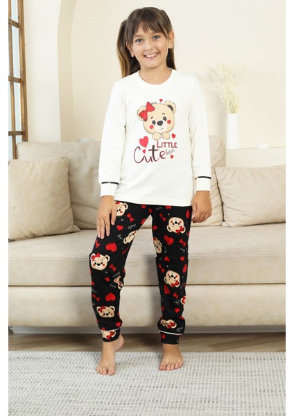Kız Çocuk Ayıcık Baskılı %100 Pamuk Interlok Kumaş Pijama Takımı 12347 modelleri