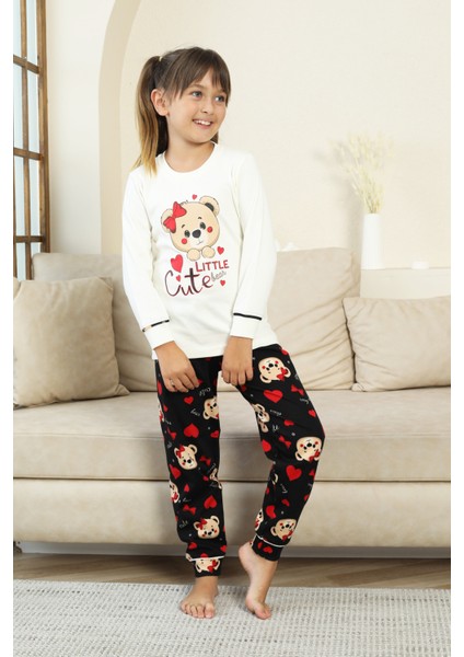 Kız Çocuk Ayıcık Baskılı %100 Pamuk Interlok Kumaş Pijama Takımı 12347 fırsatları