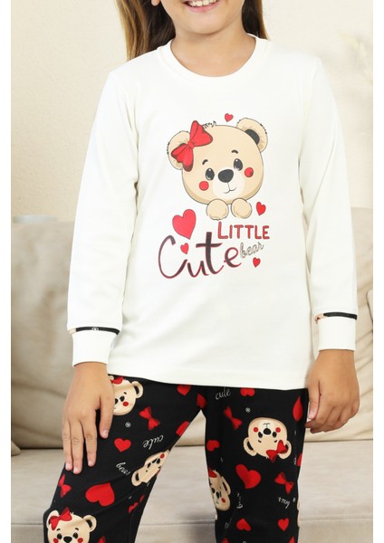 Kız Çocuk Ayıcık Baskılı %100 Pamuk Interlok Kumaş Pijama Takımı 12347 indirimleri