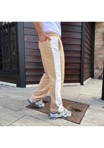 Erkek Üç Iplik Kışlık Pamuklu Yandan Garneli Kalın Şeritli Cepli Eşofman Altı - Bej modelleri