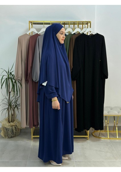 Yandan Büzgülü Elbise Sufle Esarp Takım ( Hac ve Umre Icın Uygundur Indigo fiyatları