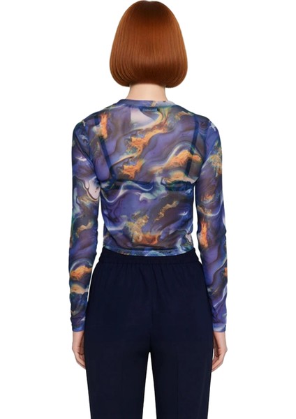 Kadın Moda Şık Crop Bisiklet Yaka Slim Kalıp Örme Baskılı Tül Fitted Vücuda Oturan Esnek Bluz modelleri