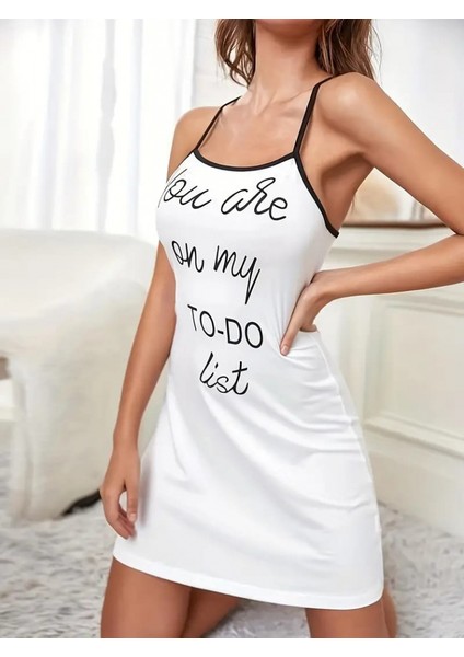 Kadın Kolsuz Askılı Sırt Çapraz Detay To Do List Baskı Süprem Gecelik Elbise modelleri