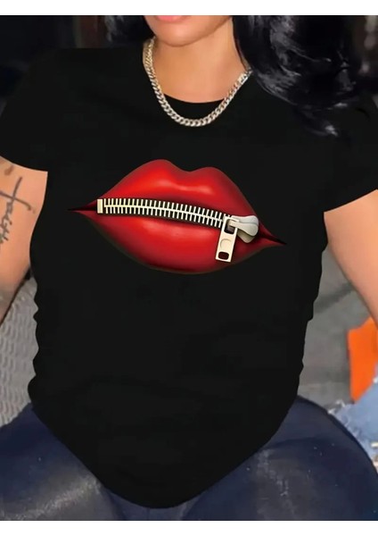 Baskılı Oversize Bisiklet Yaka T-Shirt - Siyah