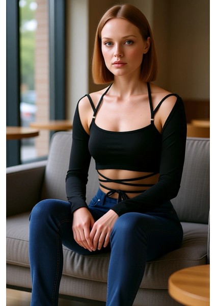 Kadınlar Için Çapraz Bağlamalı Detaylı Crop Üst Kaliteli Şık Rahat Modern Zarif Günlük