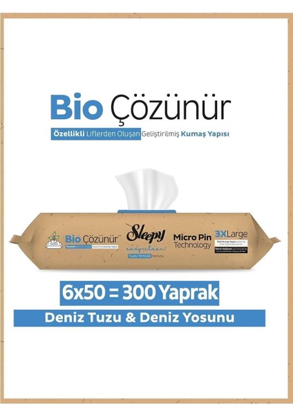 Easy Clean Bio Çözünür Yüzey Temizlik Havlusu - Mendili 6 Lı / Deniz Tuzu & Deniz Yosunu 6X50 (300 Yaprak)
