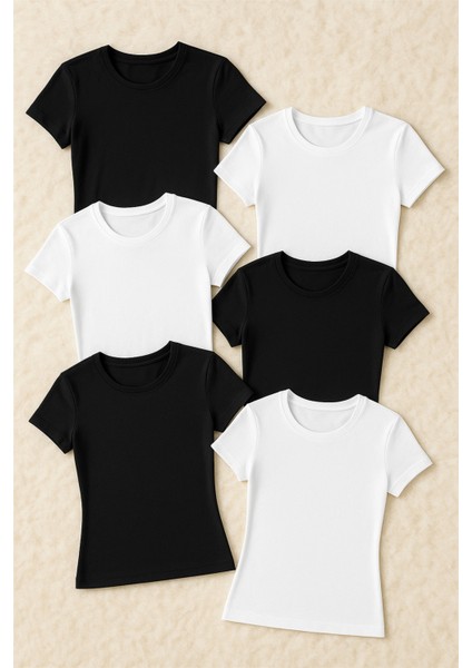Kadın Giyim Pamuklu & Elastan Sıfır Yaka T-Shirt 6 Adet Ekonomik Paket LL.223.ILK60.001