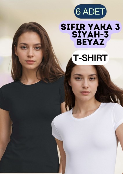 Kadın Giyim Pamuklu & Elastan Sıfır Yaka T-Shirt 6 Adet Ekonomik Paket LL.223.ILK60.001 fiyatları