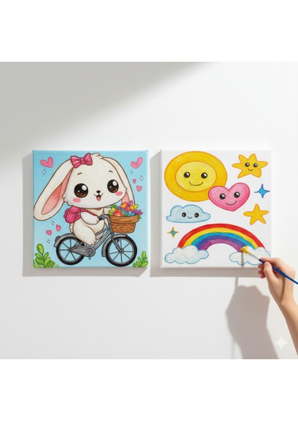 Okul Etkinliği-2'li Tuval Boyama Seti. 20X20 cm Uv Baskı 6 Akrilik Boya 1 FIRÇA-MODEL-321