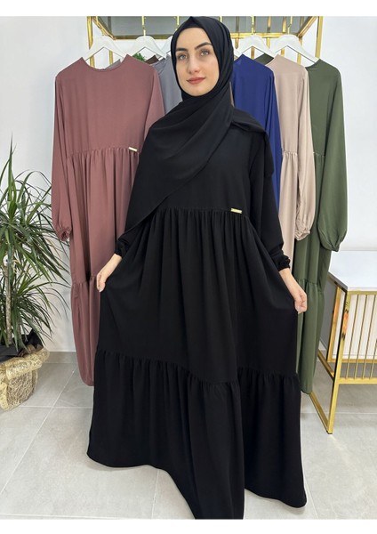 Iki Kat Büzgülü Elbise ve Şallı Takım .hijap ,abaya (Hac ve Umre Için Uygundur) Siyah
