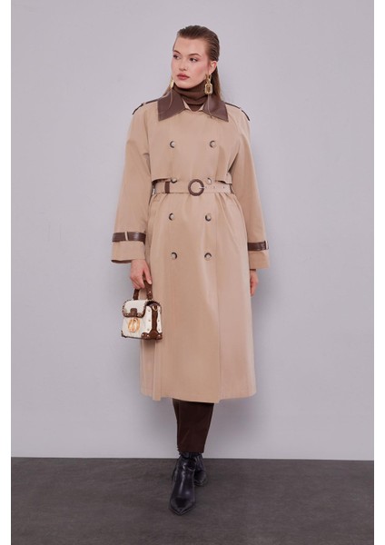 Bej Deri Kumaş Detaylı Trençkot