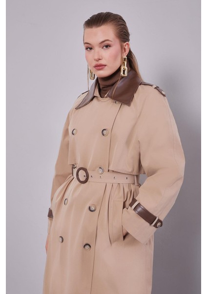 Bej Deri Kumaş Detaylı Trençkot fiyatları
