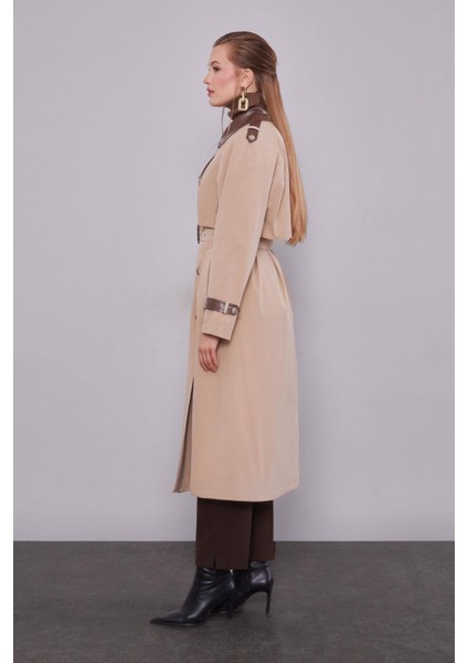 Bej Deri Kumaş Detaylı Trençkot modelleri