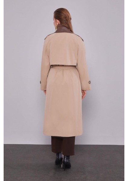 Bej Deri Kumaş Detaylı Trençkot fırsatları