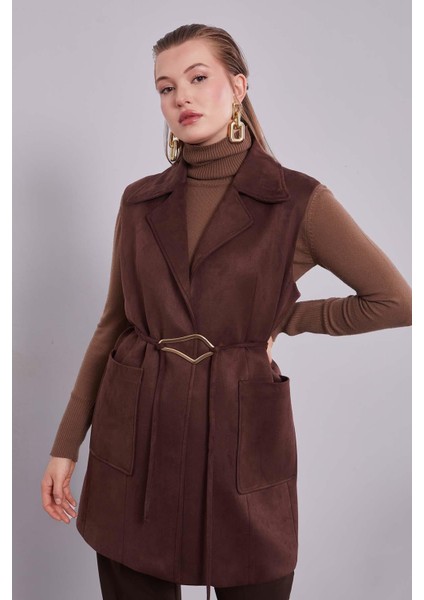 Acı Kahve Süet Kemer Detaylı Yelek