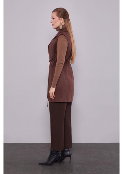 Acı Kahve Süet Kemer Detaylı Yelek modelleri