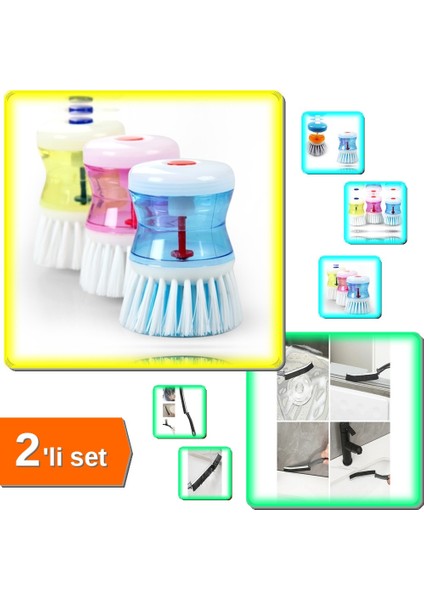 Deterjan Hazneli Bulaşık Fırçası + Ince Kıl Temizlik Fırçası - 2li Set ZXC123