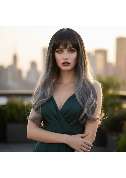 Kahküllü Uzun Dalgalı Fiber Sentetik Peruk - Siyah Gri Ombreli