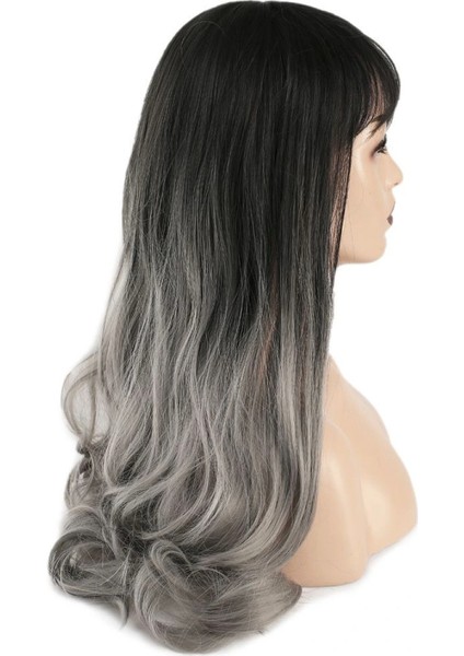Kahküllü Uzun Dalgalı Fiber Sentetik Peruk - Siyah Gri Ombreli modelleri