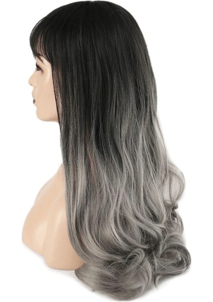 Kahküllü Uzun Dalgalı Fiber Sentetik Peruk - Siyah Gri Ombreli fırsatları