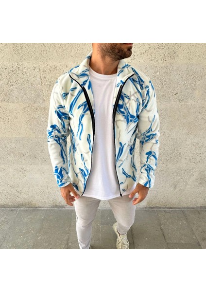 Erkek Tam Fermuarlı Desenli Polar Sweat - Beyaz -Vlmr fırsatları