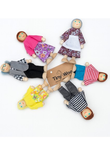 Ahşap Kukla Aile Seti 6'lı – Montessori Eğitim Oyuncağı, Oyun Evi Figürleri