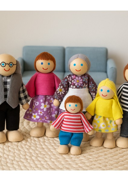 Ahşap Kukla Aile Seti 6'lı – Montessori Eğitim Oyuncağı, Oyun Evi Figürleri fırsatları
