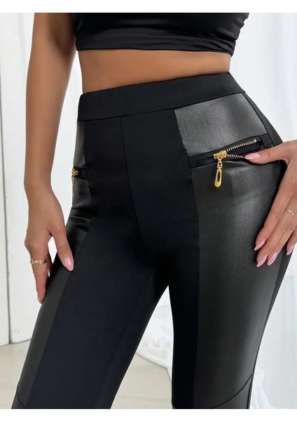 Kadın Yüksek Bel Yan Şerit Deri Detay Fermuarlı Dalgıç Tayt indirimleri