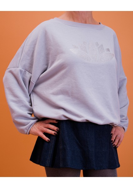 Antrasit Gümüş Kristal Taşlı Lotus Sweatshırt fiyatları