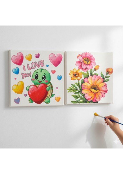 Okul Etkinliği-2'li Tuval Boyama Seti. 20X20 cm Uv Baskı 6 Akrilik Boya 1 FIRÇA-MODEL-319