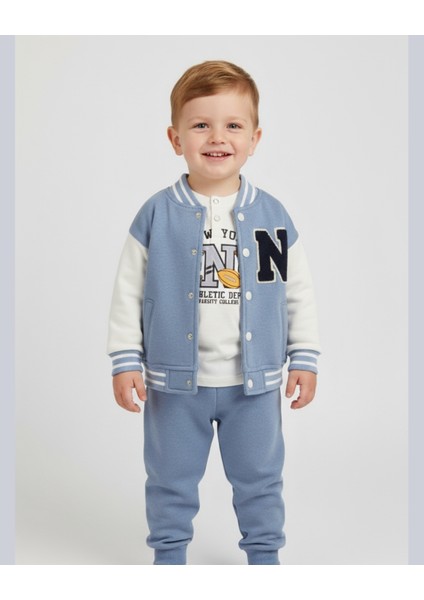 Nyc Nakışlı Unisex Kolej Çocuk Takımı 3'lü Ceket Sweat Pantolon 6-24 Ay,2-5 Yaş (Bej & Mavi)