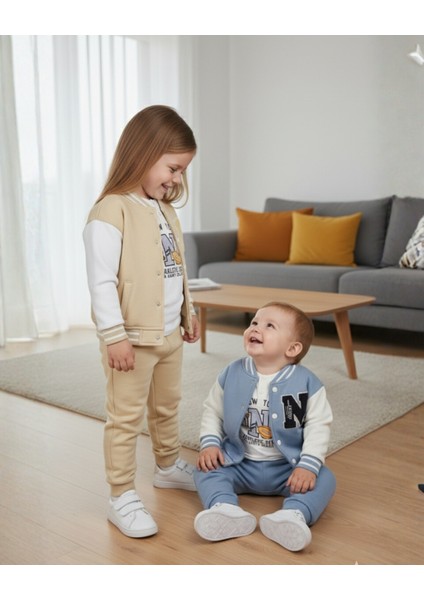 Nyc Nakışlı Unisex Kolej Çocuk Takımı 3'lü Ceket Sweat Pantolon 6-24 Ay,2-5 Yaş (Bej & Mavi) modelleri