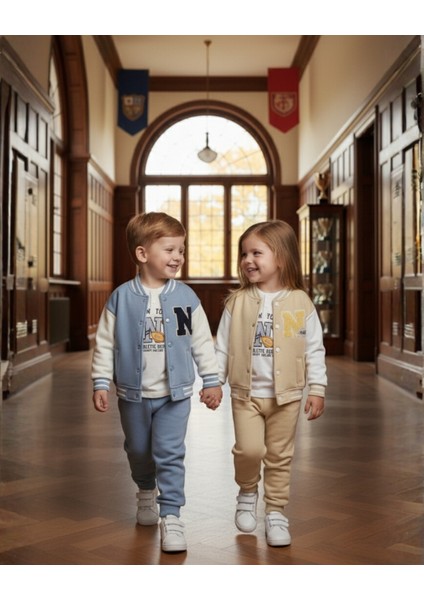 Nyc Nakışlı Unisex Kolej Çocuk Takımı 3'lü Ceket Sweat Pantolon 6-24 Ay,2-5 Yaş (Bej & Mavi) indirimleri