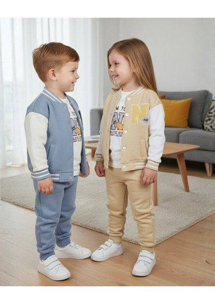 Nyc Nakışlı Unisex Kolej Çocuk Takımı 3'lü Ceket Sweat Pantolon 6-24 Ay,2-5 Yaş (Bej & Mavi)