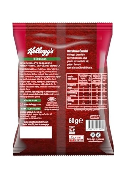 Kellogg&apos;s Granola Beyaz Çikolatali & Antep Fıstikli 60 gr X10 Adet,%46 Yulaf Içerir,lif Kaynağı,antioksidan Içerir,kahvaltılık Gevrek,müsli,atıştırmalık fiyatları