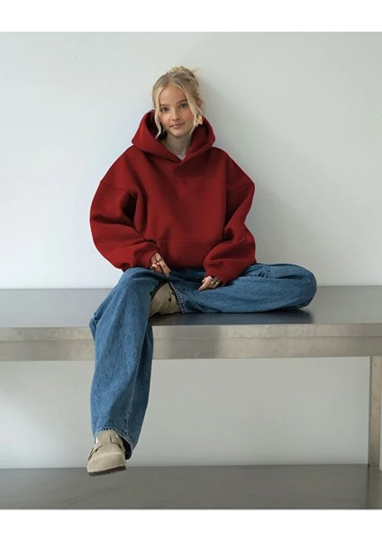 Kadın Rahat Oversize 3 Iplik Pamuklu Şardonlu Kanguru Cep Kapşonlu Sweatshirt fiyatları