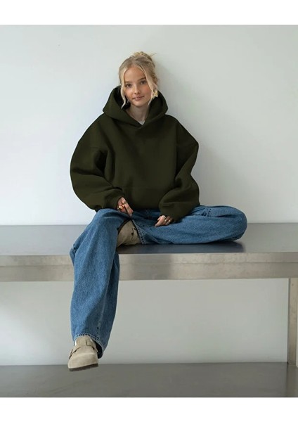 Kadın Rahat Oversize 3 Iplik Pamuklu Şardonlu Kanguru Cep Kapşonlu Sweatshirt fiyatları