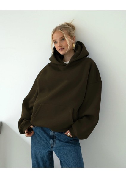 Kadın Rahat Oversize 3 Iplik Pamuklu Şardonlu Kanguru Cep Kapşonlu Sweatshirt