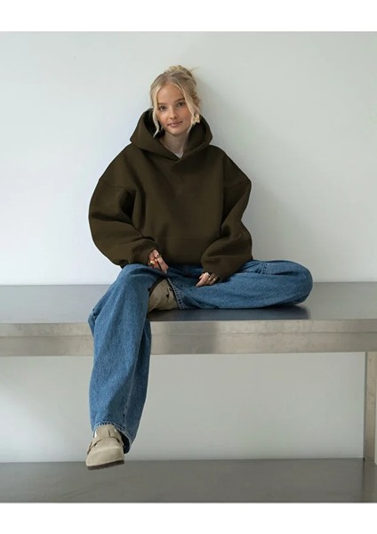 Kadın Rahat Oversize 3 Iplik Pamuklu Şardonlu Kanguru Cep Kapşonlu Sweatshirt fiyatları