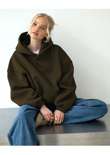 Kadın Rahat Oversize 3 Iplik Pamuklu Şardonlu Kanguru Cep Kapşonlu Sweatshirt modelleri