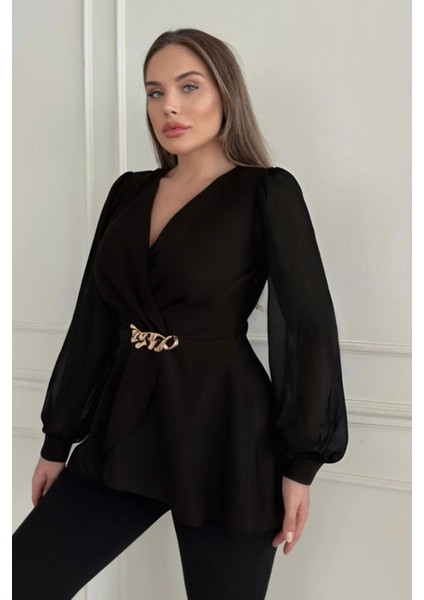 Zincir Tokalı Kruvaze Yaka Şifon Kollu Siyah ve Kahverengi Ceket Bluz 1386 fiyatları
