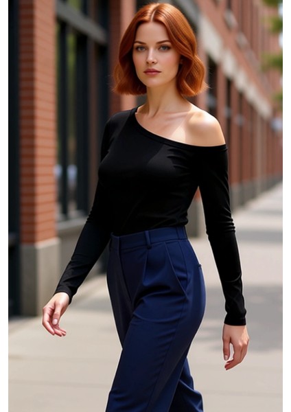 Kadın Fitted Vücuda Oturan Asimetrik Yaka Uzun Kollu Esnek Pamuklu Örme Bluz Casual Günlük Kullanım