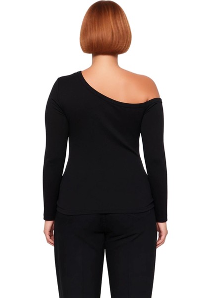 Kadın Fitted Vücuda Oturan Asimetrik Yaka Uzun Kollu Esnek Pamuklu Örme Bluz Casual Günlük Kullanım fırsatları