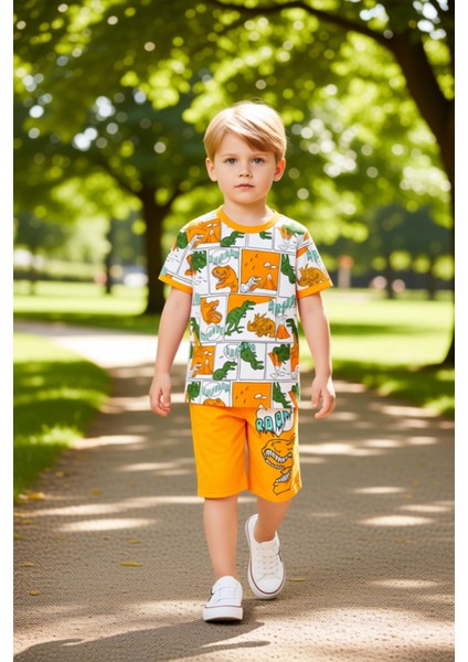 Erkek Çocuk Dinozor Temalı Çizgi Roman Baskılı Kısa Kollu Üst ve Şort Takımı Kaliteli Şık Rahat