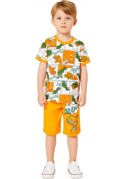 Erkek Çocuk Dinozor Temalı Çizgi Roman Baskılı Kısa Kollu Üst ve Şort Takımı Kaliteli Şık Rahat fırsatları